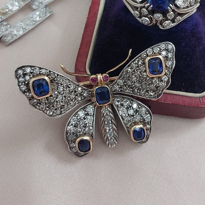 Victorian Antique Sapphire and Diamond Butterfly Brooch