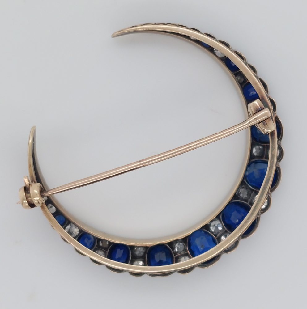 Victorian Antique Sapphire and Diamond Crescent Brooch