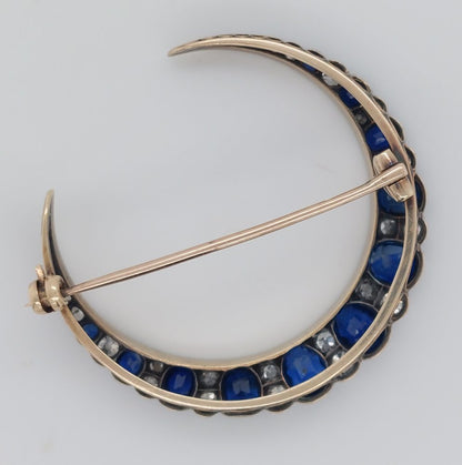 Victorian Antique Sapphire and Diamond Crescent Brooch