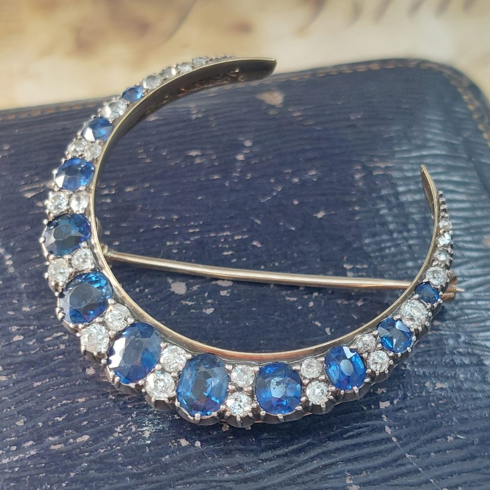 Victorian Antique Sapphire and Diamond Crescent Brooch