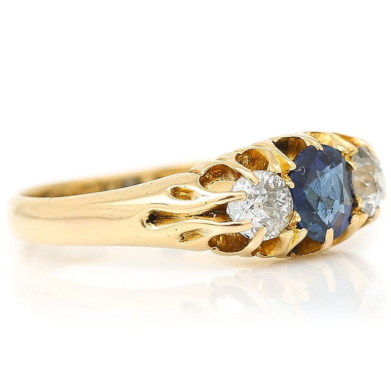 Antique Victorian Sapphire and Old Cut Diamond Three Stone Ring in 18ct Yellow Gold