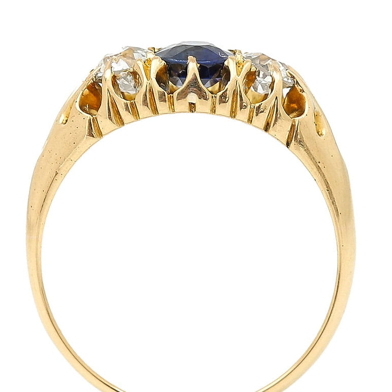 Antique Victorian Sapphire and Old Cut Diamond Three Stone Ring in 18ct Yellow Gold