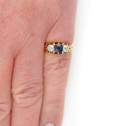 Antique Victorian Sapphire and Old Cut Diamond Three Stone Ring in 18ct Yellow Gold