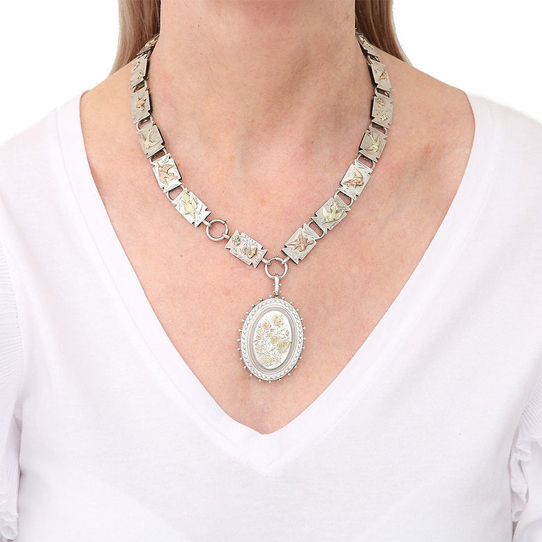 Victorian Antique Silver Link Chain Locket Pendant Necklace