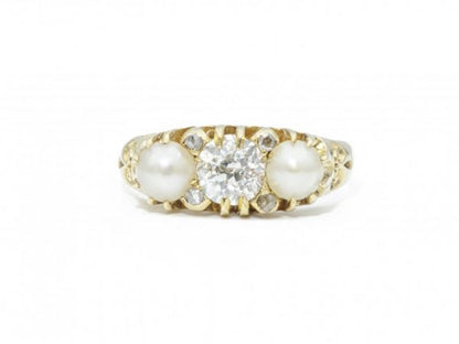 Victorian Antique Three Stone Pearl and Diamond Ring