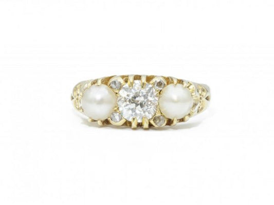 Victorian Antique Three Stone Pearl and Diamond Ring