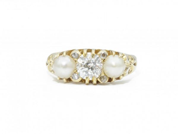 Victorian Antique Three Stone Pearl and Diamond Ring
