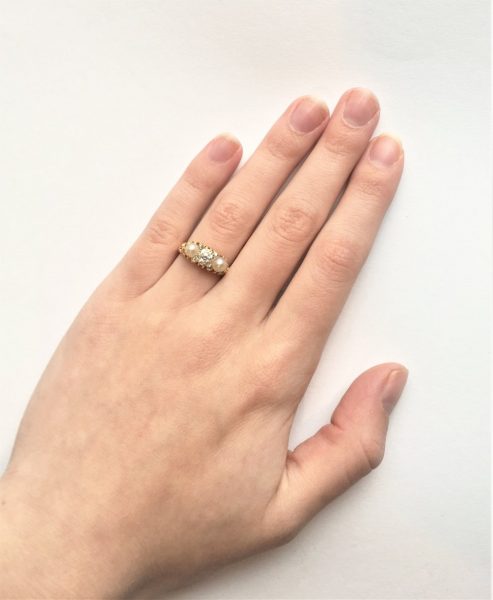 Victorian Antique Three Stone Pearl and Diamond Ring