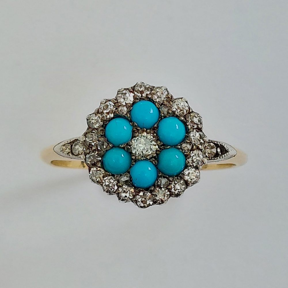 Victorian Antique Turquoise & Diamond Cluster Ring