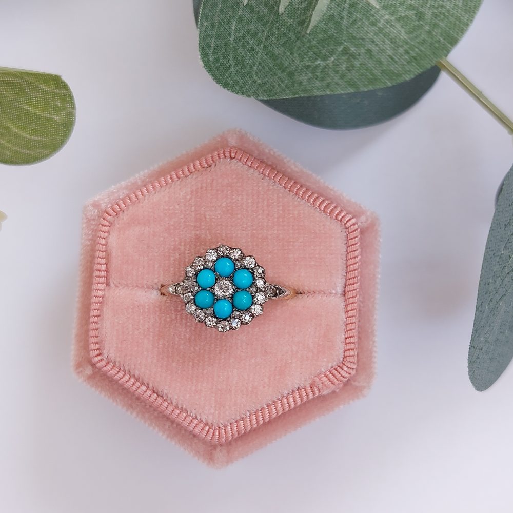 Victorian Antique Turquoise & Diamond Cluster Ring