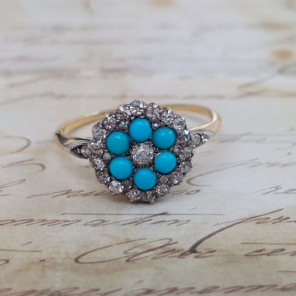 Victorian Antique Turquoise & Diamond Cluster Ring