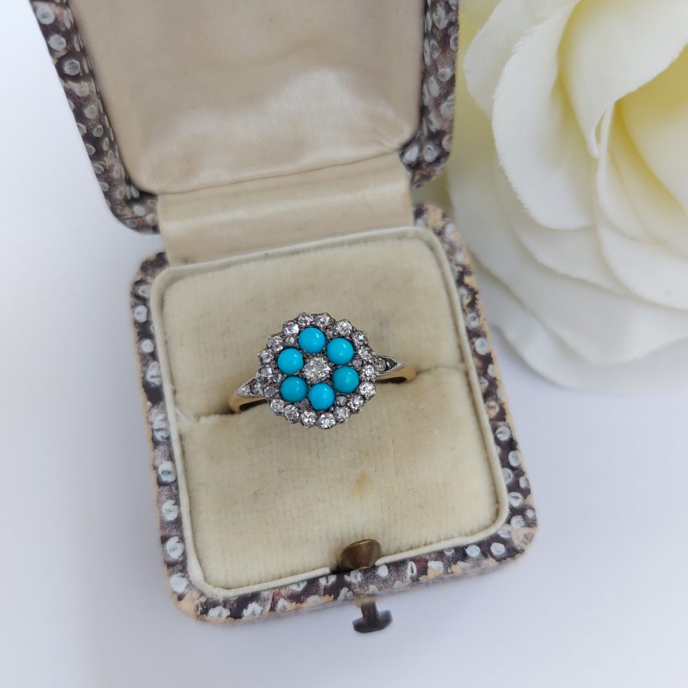 Victorian Antique Turquoise & Diamond Cluster Ring