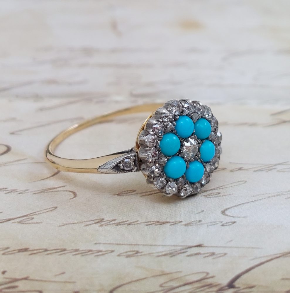 Victorian Antique Turquoise & Diamond Cluster Ring