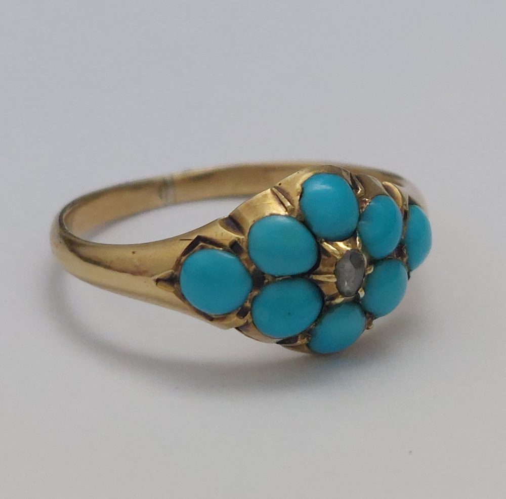 Victorian Antique Turquoise and Rose Diamond Ring