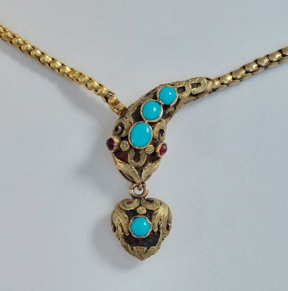 Victorian Antique Turquoise and Ruby Snake Necklace