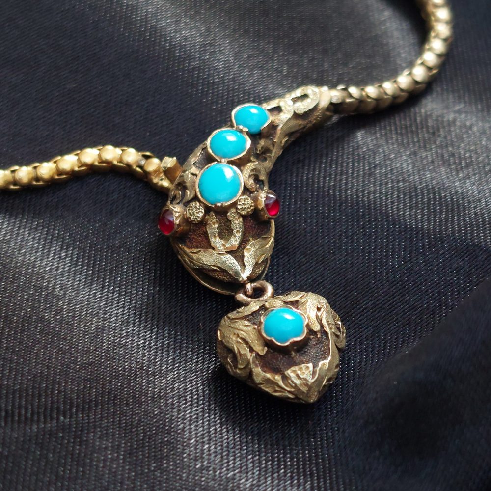 Victorian Antique Turquoise and Ruby Snake Necklace