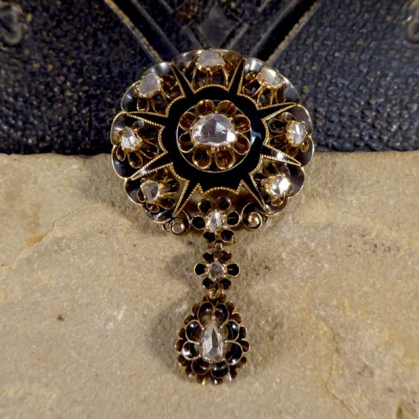 Victorian Black Enamel and Rose Cut Diamond Mourning Pendant Brooch