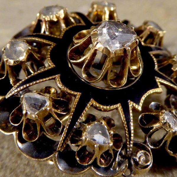 Victorian Black Enamel and Rose Cut Diamond Mourning Pendant Brooch