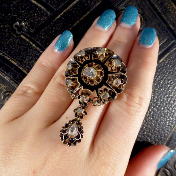 Victorian Black Enamel and Rose Cut Diamond Mourning Pendant Brooch
