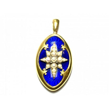 Victorian Blue Enamel Pearl Diamond Gold Locket