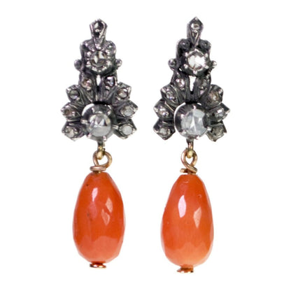 Victorian Coral and Diamond Drop Earrings