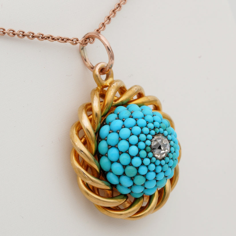 Victorian Old Cut Diamond, Turquoise and Gold Locket Pendant
