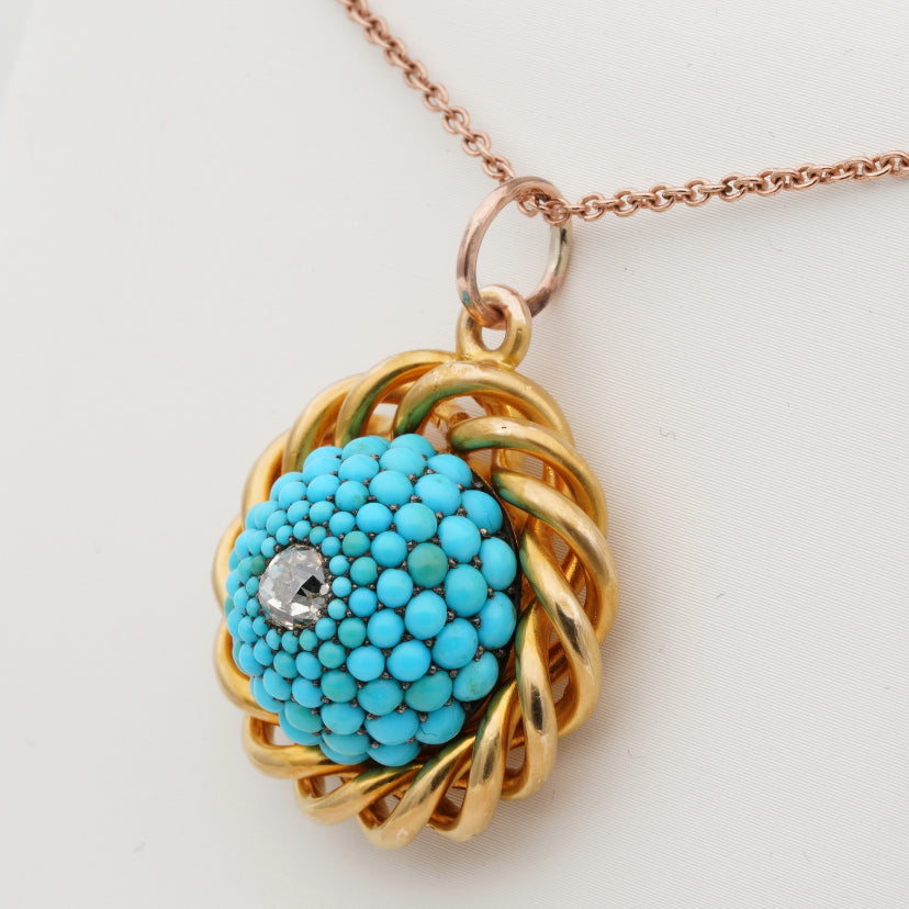 Victorian Old Cut Diamond, Turquoise and Gold Locket Pendant