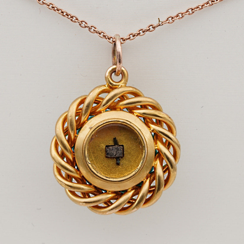 Antique Victorian Cabochon Turquoise Dome with Diamond 18ct Yellow Gold Twist Locket Pendant