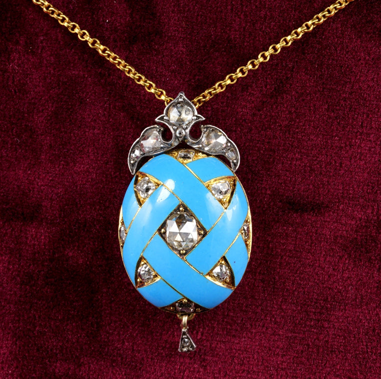 Victorian Antique Diamond and Blue Enamel Egg Locket Pendant