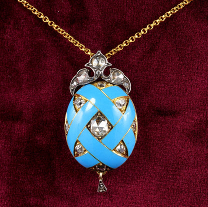 Victorian Antique Diamond and Blue Enamel Egg Locket Pendant