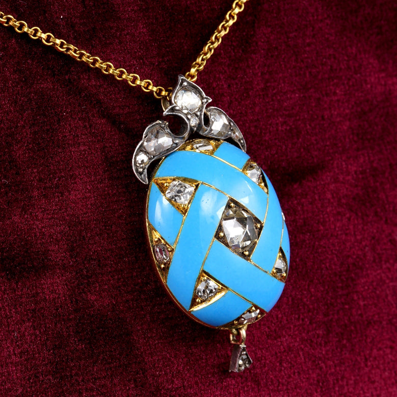 Victorian Antique Diamond and Blue Enamel Egg Locket Pendant