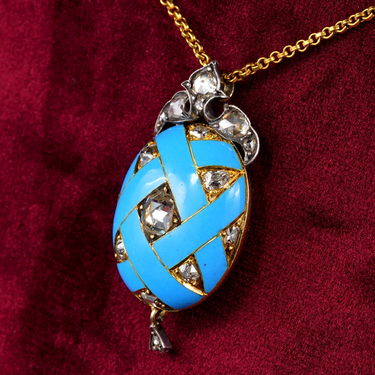 Victorian Antique Diamond and Blue Enamel Egg Locket Pendant