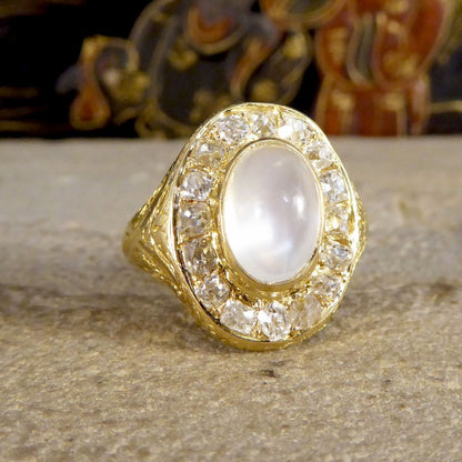 Victorian Locket Moonstone and Old Cushion Cut Diamond Cluster Ring