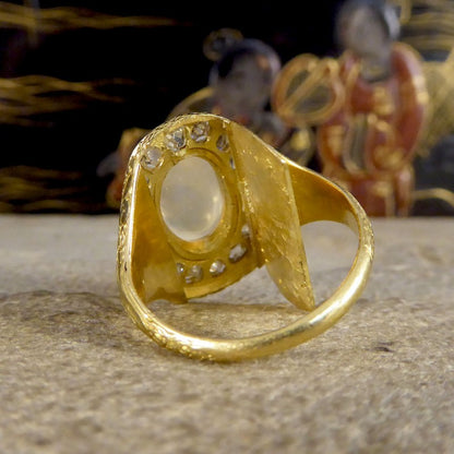 Victorian Locket Moonstone and Old Cushion Cut Diamond Cluster Ring