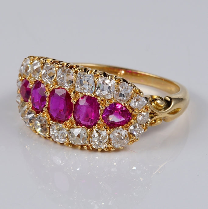 Antique Natural Ruby and Diamond Five Stone Cluster Ring