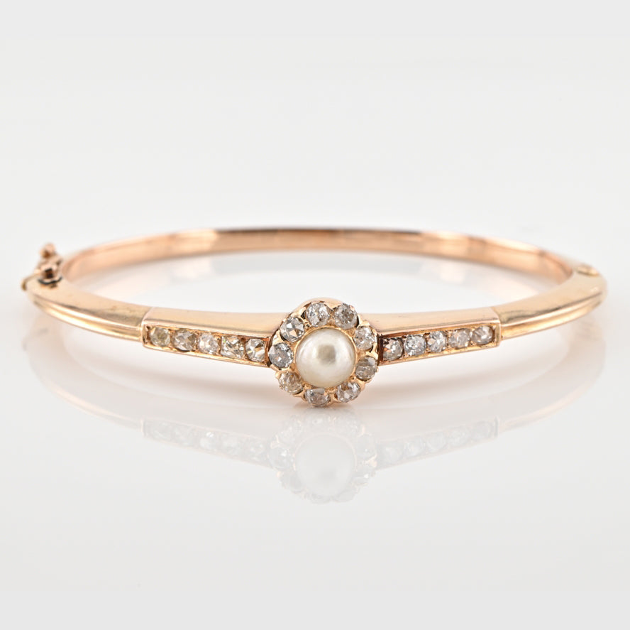 Antique Victorian Natural Pearl and Old Cut Diamond Cluster Bangle Bracelet