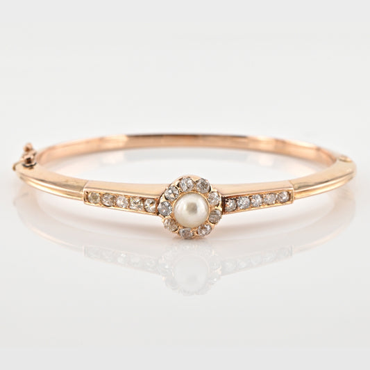 Antique Victorian Natural Pearl and Old Cut Diamond Cluster Bangle Bracelet