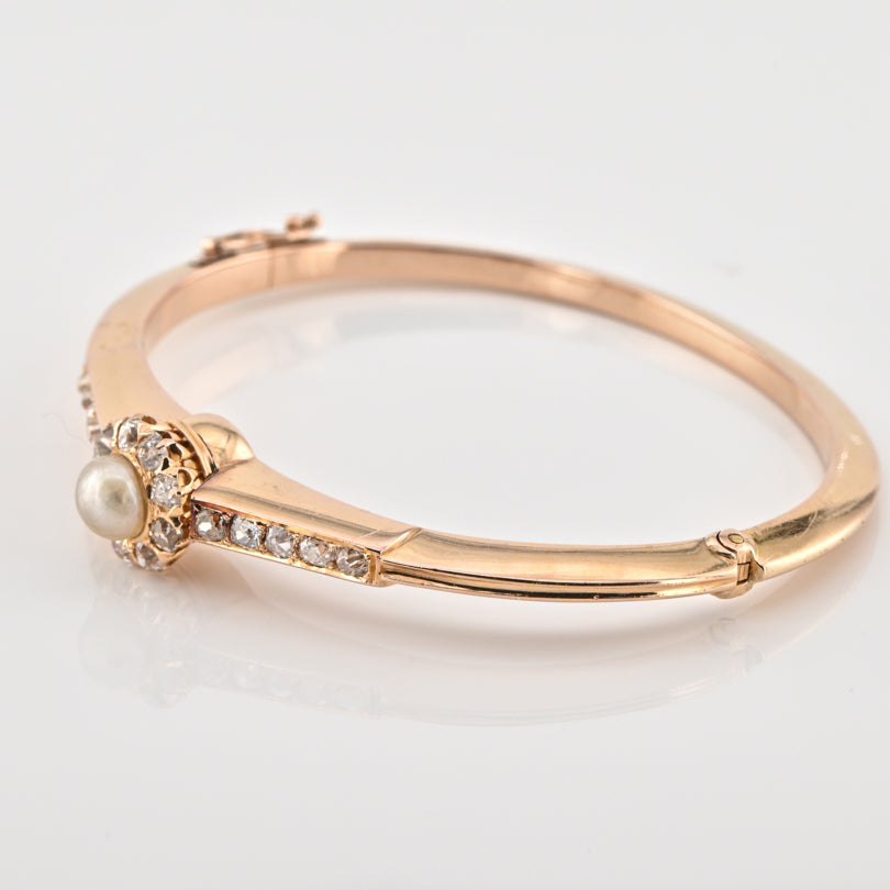 Antique Victorian Natural Pearl and Old Cut Diamond Cluster Bangle Bracelet in 18ct Gold