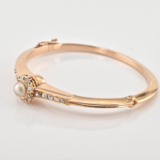 Antique Victorian Natural Pearl and Old Cut Diamond Cluster Bangle Bracelet in 18ct Gold