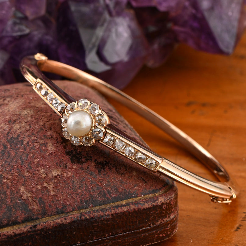 Antique Natural Pearl and Old Cut Diamond Cluster Bangle