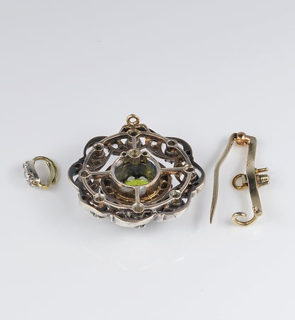 Antique Victorian 2.6ct Peridot Diamond Cluster Pendant Brooch