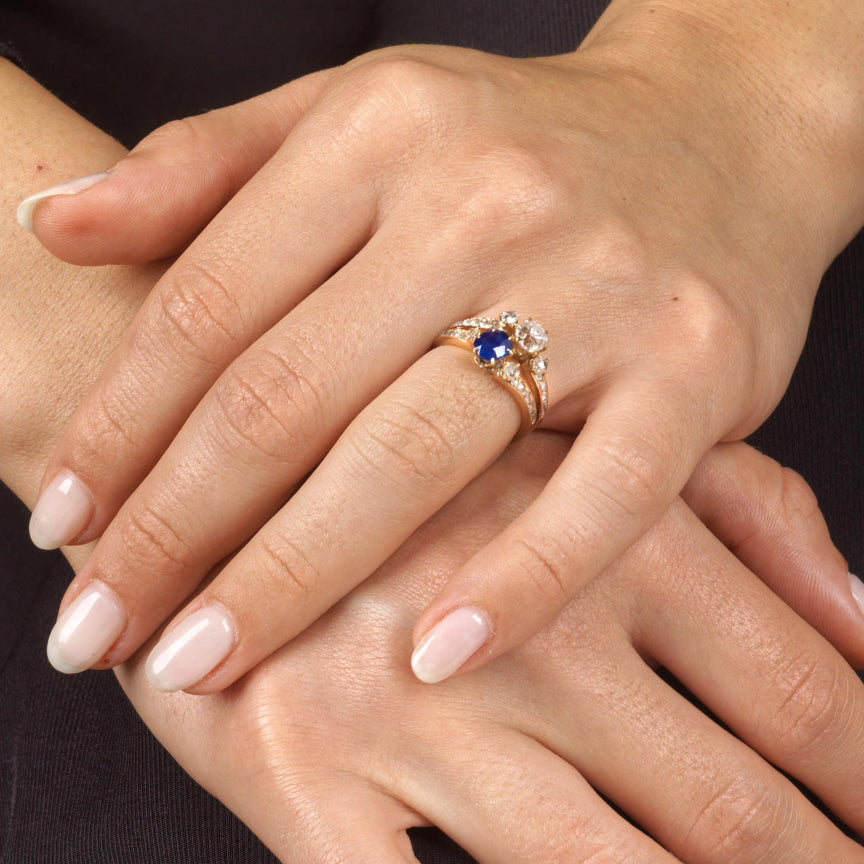 Victorian Antique 0.80ct Old Mine Cut Diamond and Natural Sapphire Two Stone Engagement Ring
