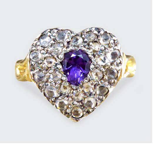 Victorian Style Amethyst and Rose Cut Diamond Heart Ring