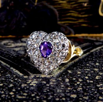 Victorian Style Amethyst and Rose Cut Diamond Heart Ring