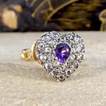 Victorian Style Amethyst and Rose Cut Diamond Heart Ring