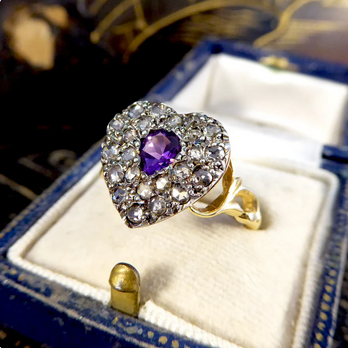 Victorian Style Amethyst and Rose Cut Diamond Heart Ring
