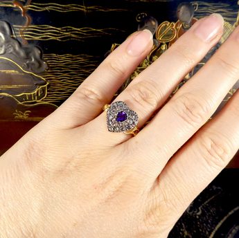 Victorian Style Amethyst and Rose Cut Diamond Heart Ring