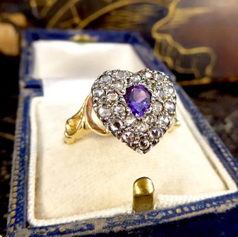 Victorian Style Amethyst and Rose Cut Diamond Heart Ring