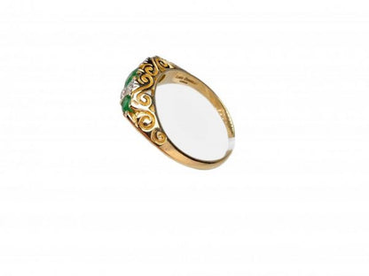 Victorian Style Emerald and Diamond Carved Half Hoop Ring