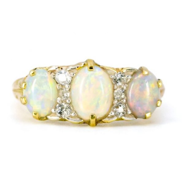 Victorian Style Opal and Old Mine Cut Diamond 18ct Gold Ring